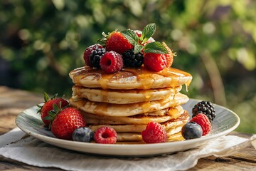 A delicious stack of pancakes topped with a generous assortment of fresh berries, including strawberries, raspberries, and blackberries.