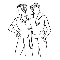 Men standing hugging, looking in different directions, male portrait without a face - hand drawn line art