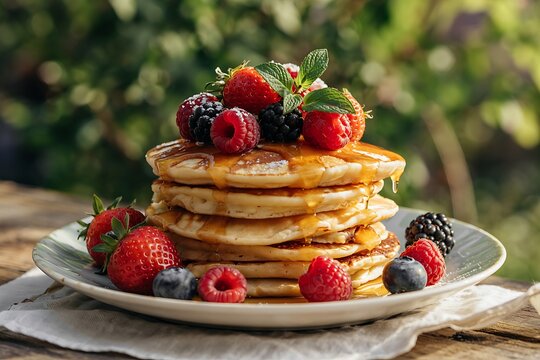 A delicious stack of pancakes topped with a generous assortment of fresh berries, including strawberries, raspberries, and blackberries.