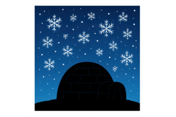 Igloo silhouette at night with falling snowflakes, winter blizzard, arctic weather, cold environment, natural phenomena outdoor