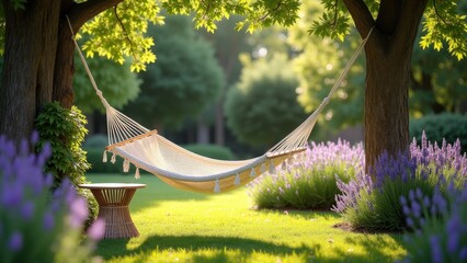 White hammock swaying gently between trees near wicker basket with iced drink on lush green lawn under sunlight, concept of summer relaxation, garden retreat, wellness escape