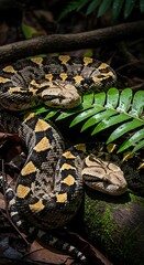 Naklejka premium Close up of coiled snakes with striking patterns and textures in natural setting