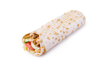 Wrap filled with fresh vegetables and grilled chicken on a white background