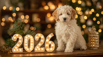 Celebrate the upcoming year with this adorable puppy! A golden doodle sits next to bright '2026' lights, ready for the New Year.