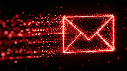 A digital envelope formed from glowing red particles streaks across a dark background, symbolizing fast, modern communication methods.