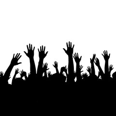 Crowd of raised hands, with white outline against a dark background, isolated on white or transparent background. PNG