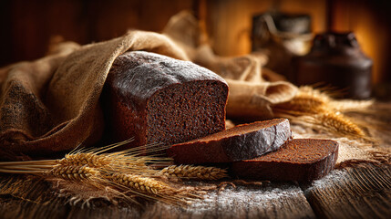 Rustic dark bread, wrapped in burlap on aged wood with wheat stalks. A timeless, artisan offering. A slice of tradition. Tasty and nutritious.
