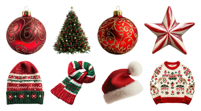 PNG Festive holiday decorations and apparel, element set on transparent background