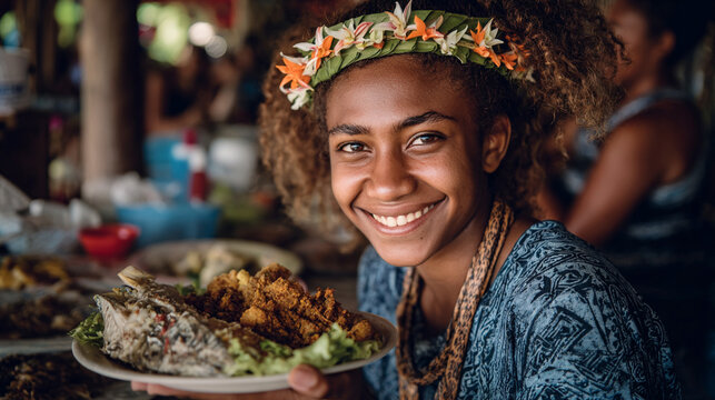 Solomon Islander woman showing a typical Solomon Islander dish to the camera while in Honiara the capital of Solomon Islands