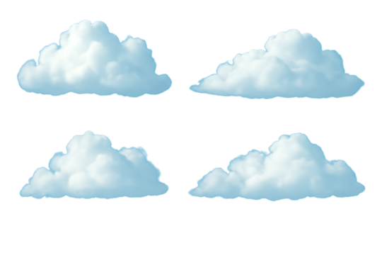 Four fluffy cumulus clouds with soft blue edges and white fluffy centers, cutout, PNG isolated on white or transparent background