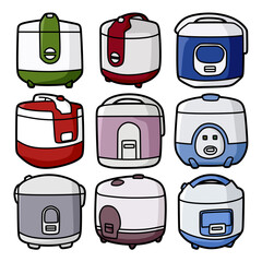 collection of colorful rice cookers kitchen appliances