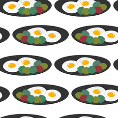 Fried Egg in Black Plate with Salad Leaves and Brussels Sprouts Heads Seamless Pattern Egg Day Fond