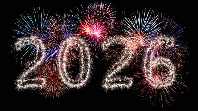 Brilliant fireworks display marking '2026' against a night sky, illuminating the celebration with sparkling light and vibrant colors.
