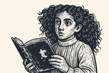 A young girl with curly hair absorbed in reading an old book. Vector illustration in a detailed, vintage woodcut or engraving style. Literary and classic.