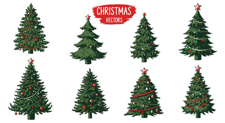 A collection of illustrated Christmas trees with festive decorations, ready for the holiday season.