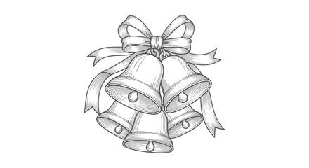 Detailed monochrome illustration of five bells tied with a decorative bow.