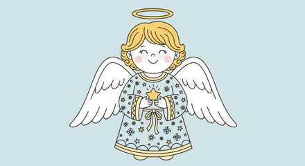A smiling cartoon angel with blonde hair and wings holding a golden star.