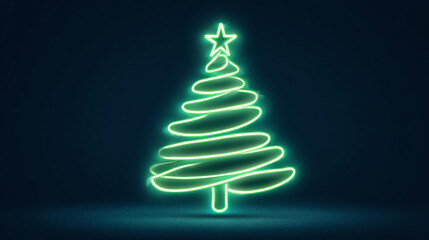 A neon green Christmas tree glows against a dark blue background, casting a soft light onto the surface, evoking a festive and modern holiday feel.