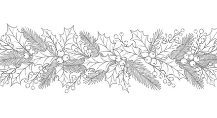 Detailed monochrome illustration of festive winter foliage garland, perfect for borders.