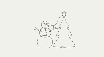 A minimalist line drawing depicts a snowman decorating a Christmas tree with a star.