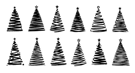 A collection of stylized black and white Christmas trees with star toppers.