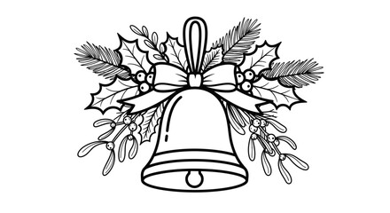 A line art illustration of a Christmas bell decorated with holly, mistletoe, and a ribbon.
