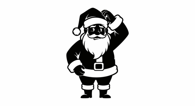 A black and white illustration of Santa Claus scratching his head.