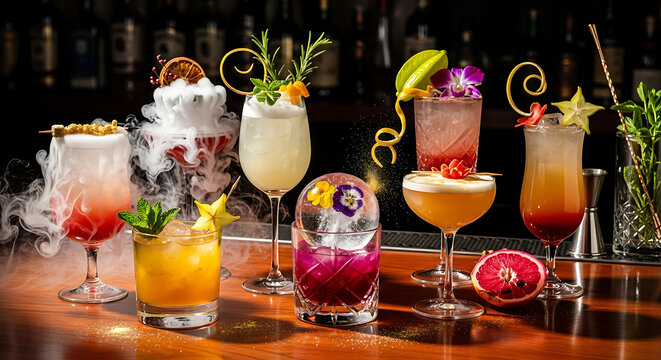 A colorful collection of artisan cocktail drinks, showcasing vibrant flavors and elegant garnishes