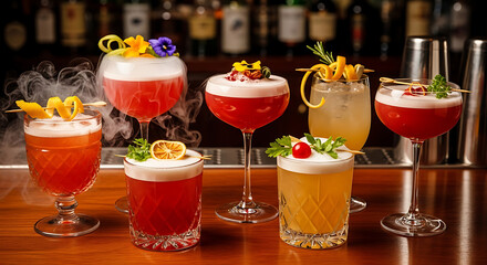 Variety of delicious and colorful cocktails garnished beautifully, perfect for a bar menu or advertisement