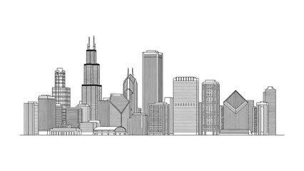 Architectural Symphony: A meticulously crafted illustration presents a striking cityscape, featuring a cluster of modern buildings, skyscrapers, and structural designs, symbolizing urban expansion.