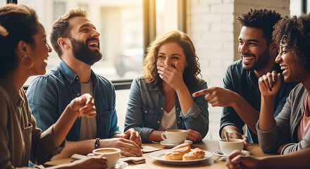 Group of diverse friends laughing and enjoying coffee at a cafe during a social gathering
