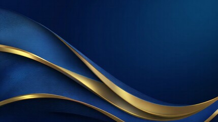 Elegant dark blue background features flowing abstract golden ribbons with subtle texture