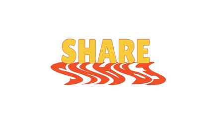 Animated bold cta button share with dynamic distorted shadow. Online community. Media sharing. Post engagement. Promotion. Orange text animation with psychedelic wavy effect. 70s funky motion graphics