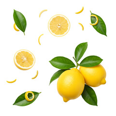 Two bright yellow lemons, on a branch with green leaves and scattered lemon slices, isolated on white or transparent background. PNG