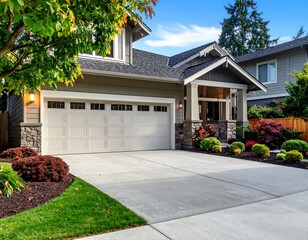Suburban Home with Manicured Lawn and Concrete Driveway.