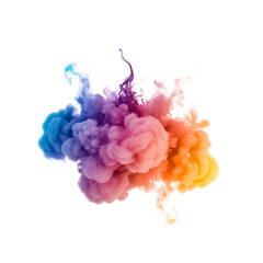 Colorful ink cloud, swirling in water with blue pink orange and yellow hues, isolated on white or transparent background. PNG