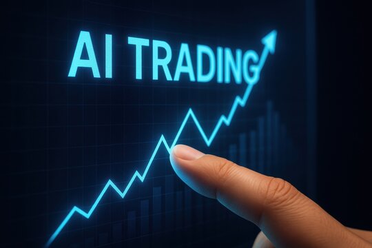 Hand pointing at digital screen displaying upward trend in AI trading, symbolizing growth and technology in finance
