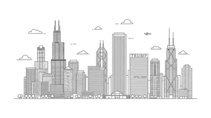 Obraz premium Chicago Skyline: An elegant monochrome line drawing depicts the iconic skyline of a major city, showcasing the architectural wonders and urban development.