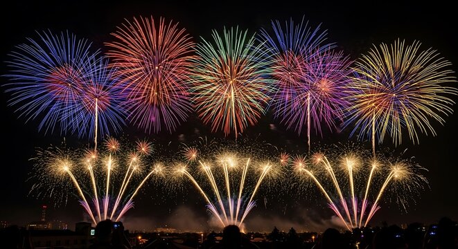 Colorful fireworks display against a dark night sky celebration concept
