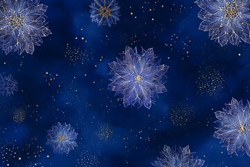 Fototapeta premium A beautiful winter background with white snowflakes and golden sparkles on dark blue