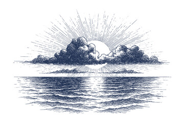 Hand-drawn ocean horizon vector with vintage engraving style, depicting sunrise or sunset over calm sea, ideal for nature prints or mockup design. © Chairul