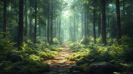 Fototapeta premium Sunbeam forest path through dense greenery, gravel trail with light rays in serene mystical woodland.