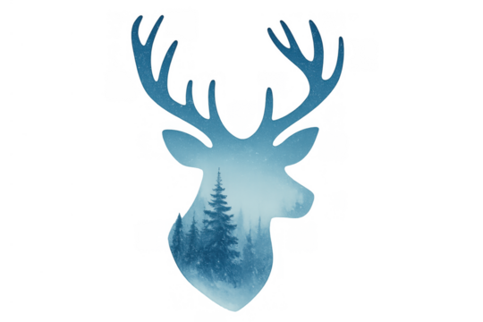 Deer head silhouette with winter forest, blue watercolor texture and falling snow, transparent background