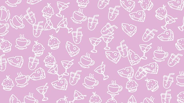 Donut food pattern artfully displays white drawings of cheese drinks and cupcake outlines.