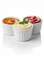 Three White Ramekins Filled with Colorful Sauces Garnished with a Green Herb on White Background