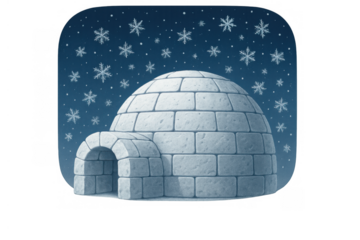 Igloo structure under a dark sky with falling snowflakes, representing winter, cold, and a cozy shelter, on transparent background