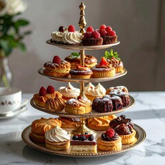 Elegant Tiered Dessert Display with Assorted Pastries and Fresh Berries in Natural Sunlight