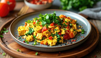 Close Up View of Prepared Meal on Plate with Garnishes and Wooden Background