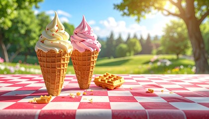 Close-Up View of Two Swirled Ice Cream Cones on a Picnic Table with a Green Meadow in Background