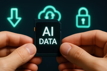 Person holding memory card with text AI DATA displayed, surrounded by icons representing cloud storage and security